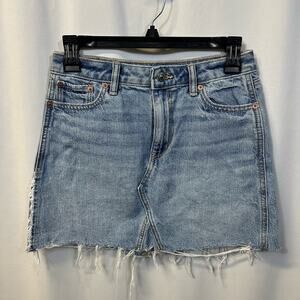 American Eagle Blue Denim Super Hi-Rise A-Line Mini Skirt Raw Chewed Hem 0